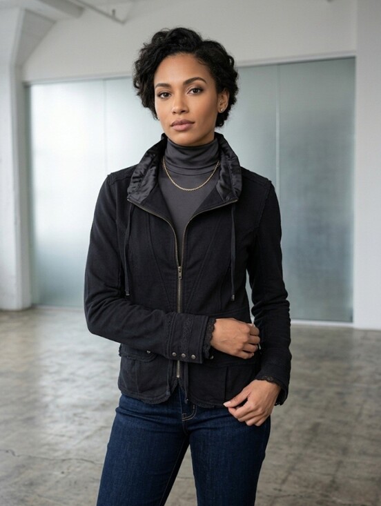 salt & pepper Jackets & Blazers - Salt & Pepper Black Cotton Blend Adjustable High Collar Lace Trims Blazer Jacket